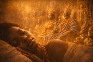 A young African woman sleeping peacefully, with the ancient Benin Kingdom royal court emerging behind her like a dream, warm golden light, coral beads, bronze sculptures