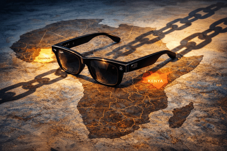 Smart glasses lying on a map of Africa with shadow patterns resembling chains, symbolizing colonial programming and exploitation