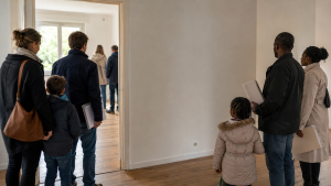 A German family and a Ghanaian family holding rental documents at a crowded apartment viewing in Germany.