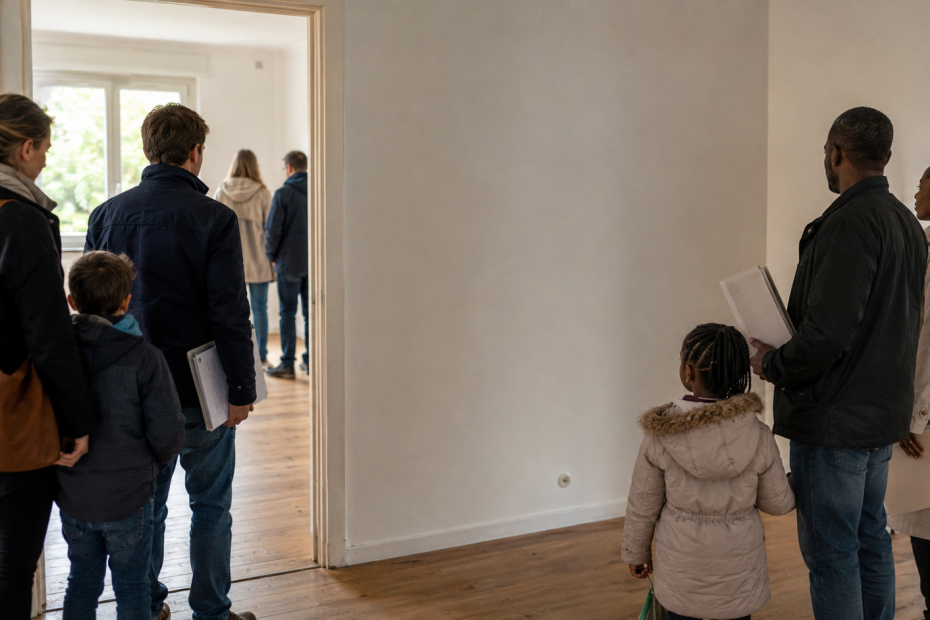 A German family and a Ghanaian family holding rental documents at a crowded apartment viewing in Germany.